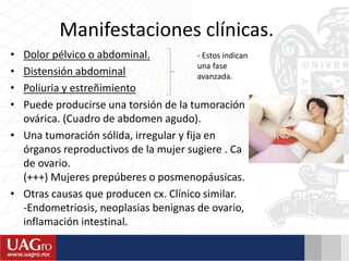 Manifestaciones clínicas.
• Dolor pélvico o abdominal.
• Distensión abdominal
• Poliuria y estreñimiento
• Puede producirse una torsión de la tumoración
ovárica. (Cuadro de abdomen agudo).
• Una tumoración sólida, irregular y fija en
órganos reproductivos de la mujer sugiere . Ca
de ovario.
(+++) Mujeres prepúberes o posmenopáusicas.
• Otras causas que producen cx. Clínico similar.
-Endometriosis, neoplasias benignas de ovario,
inflamación intestinal.
- Estos indican
una fase
avanzada.
 