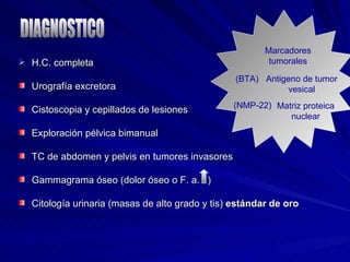 H.C. completa Urografía excretora Cistoscopia y cepillados de lesiones Exploración pélvica bimanual TC de abdomen y pelvis en tumores invasores Gammagrama óseo (dolor óseo o F. a.  ) Citología urinaria (masas de alto grado y tis)  estándar de oro DIAGNOSTICO Marcadores tumorales (BTA) (NMP-22) Antigeno de tumor vesical Matriz proteica nuclear 
