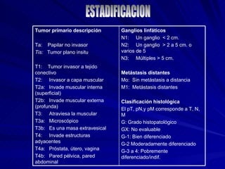 ESTADIFICACION Ganglios linfáticos N1:  Un ganglio  < 2 cm. N2:  Un ganglio  > 2 a 5 cm. o varios de 5 N3:  Múltiples  > 5 cm. Metástasis distantes Mo:  Sin metástasis a distancia M1:  Metástasis distantes Clasificación histológica El pT, pN,y pM corresponde a T, N, M G: Grado histopatológico GX: No evaluable G-1: Bien diferenciado G-2 Moderadamente diferenciado G-3 a 4: Pobremente  diferenciado/indif. Tumor primario descripción Ta:  Papilar no invasor Tis:   Tumor plano insitu T1:  Tumor invasor a tejido conectivo T2:  Invasor a capa muscular T2a:  Invade muscular interna (superficial) T2b:  Invade muscular externa (profunda)  T3:  Atraviesa la muscular T3a:  Microscópico  T3b:  Es una masa extravesical T4:  Invade estructuras adyacentes T4a:  Próstata, útero, vagina T4b:  Pared pélvica, pared abdominal 