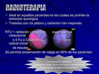 Ideal en aquellos pacientes en los cuales se prohíbe la remoción quirúrgica Tratados con cis platino y radiación han mejorado  RTU + radiación / cisplatino  supervivencia  cistectomía   o 5 Fu o Cistectomía  simi radical inicial   de rescate Se permite preservación de vejiga en 50% de los pacientes La irradiación paliativa Controla el dolor de la enf local y metastasica Proporciona un efecto hemostático RADIOTERAPIA 