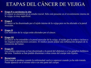 ETAPAS DEL CÁNCER DE VEJIGA Etapa 0 o carcinoma in situ El cáncer se encuentra en su estadio inicial. Sólo está presente en el revestimiento interno de la vejiga, es muy superficial. Etapa I El tumor se ha diseminado por el tejido interno de la vejiga pero no ha afectado a la pared muscular. Etapa II Los músculos de la vejiga están afectados por el cáncer. Etapa III El cáncer se ha extendido a la pared muscular de la vejiga, al tejido que la rodea e incluso a los órganos reproductores cercanos. El médico puede palpar una inflamación después de la extracción del tumor. Etapa IV Las células cancerosas se han diseminado a la pared del abdomen o a los ganglios linfáticos del área. También se han podido diseminar a otras zonas del cuerpo más lejanas. Recurrente Esta etapa se produce cuando la enfermedad vuelve a aparecer cuando ya ha sido tratada. Puede aparecer en el mismo sitio o en otra parte del cuerpo. 