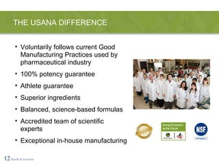 THE USANA DIFFERENCE 12   Health & Freedom Voluntarily follows current Good Manufacturing Practices used by pharmaceutical industry 100% potency guarantee Athlete guarantee Superior ingredients Balanced, science-based formulas Accredited team of scientific experts Exceptional in-house manufacturing 