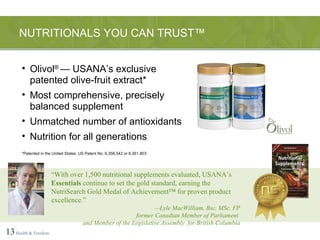 NUTRITIONALS YOU CAN TRUST™ 13   Health & Freedom Olivol ®  — USANA’s exclusive patented olive-fruit extract* Most comprehensive, precisely balanced supplement Unmatched number of antioxidants Nutrition for all generations *Patented in the United States. US Patent No. 6,358,542 or 6,361,803 “ With over 1,500 nutritional supplements evaluated, USANA’s  Essentials  continue to set the gold standard, earning the NutriSearch Gold Medal of Achievement™ for proven product excellence.” — Lyle MacWilliam, Bsc, MSc, FP former Canadian Member of Parliament  and Member of the Legislative Assembly  for British Columbia 