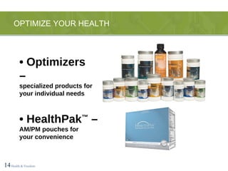 OPTIMIZE YOUR HEALTH 14   Health & Freedom •  Optimizers – specialized products for your individual needs •  HealthPak ™  – AM/PM pouches for  your convenience 