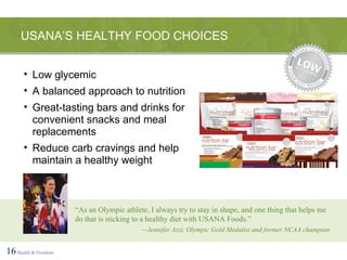 USANA’S HEALTHY FOOD CHOICES 16   Health & Freedom Low glycemic A balanced approach to nutrition Great-tasting bars and drinks for convenient snacks and meal replacements Reduce carb cravings and help maintain a healthy weight “ As an Olympic athlete, I always try to stay in shape, and one thing that helps me do that is sticking to a healthy diet with USANA Foods.” — Jennifer Azzi, Olympic Gold Medalist and former NCAA champion 
