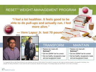 RESET ™  WEIGHT-MANAGEMENT PROGRAM 17   Health & Freedom TRANSFORM MAINTAIN Replace two meals with  Nutrimeal ™ Eat one USANA ®  bar for a snack Eat one healthy, low-glycemic meal and one low-glycemic snack Replace one meal with  Nutrimeal ™ Eat one USANA ®  bar for a snack Eat two healthy, low-glycemic meals and one low-glycemic snack It is suggested that you take these products to your physician and secure his/her advice if you intend to change your diet, begin an exercise program, are pregnant or lactating, have allergies, are taking medications, or are under the care of a physician. Results are not typical. The average weight loss with RESET is 4.5–5 lbs. In five days. before after “ I feel a lot healthier. It feels good to be able to do pull-ups and actually run. I feel more alive.” —  Vern Lapuz Jr. lost 70 pounds 
