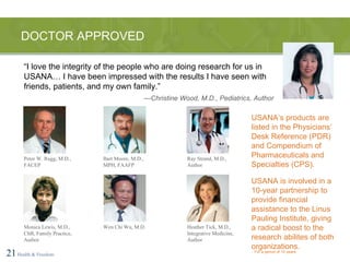 DOCTOR APPROVED 21   Health & Freedom Peter W. Rugg, M.D., FACEP Bart Moore, M.D., MPH, FAAFP Ray Strand, M.D., Author Monica Lewis, M.D., ChB, Family Practice, Author Wen Chi Wu, M.D. Heather Tick, M.D., Integrative Medicine, Author “ I love the integrity of the people who are doing research for us in USANA… I have been impressed with the results I have seen with friends, patients, and my own family.” — Christine Wood, M.D., Pediatrics, Author For a period of 10 years USANA’s products are listed in the Physicians’ Desk Reference (PDR) and Compendium of Pharmaceuticals and Specialties (CPS). USANA is involved in a 10-year partnership to provide financial assistance to the Linus Pauling Institute, giving a radical boost to the research abilites of both organizations. 
