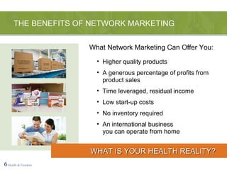 Higher quality products A generous percentage of profits from product sales Time leveraged, residual income Low start-up costs No inventory required An international business  you can operate from home THE BENEFITS OF NETWORK MARKETING 6   Health & Freedom WHAT IS YOUR HEALTH REALITY? What Network Marketing Can Offer You: 