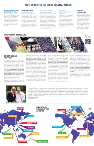 `
2010 USANA IN CHINA
(BABYCARE LTD.)
2002 TAIWAN
2000 JAPAN
1999 NETHERLANDS
1998 AUSTRALIA
2009 PHILIPPINES
2003 SINGAPORE
1999 HONG KONG
1996 CANADA
2003 KOREA
2012 THAILAND
2004 MÉXICO
1998 NEW ZEALAND
2007 MALAYSIA
2012 FRANCE
2012 BELGIUM
1998 UNITED KINGDOM
1992 UNITED STATES
2013 COLOMBIA
EXPANDING
THROUGH THE
NATIONS
FIVE REASONS TO MAKE USANA YOURS
TOTAL FREEDOM.
Want extra time to do the
things you love? How about
some extra cash? Maybe you
want the chance to be a part of
something larger than yourself,
or maybe you’re just interested
in being the healthiest person
you can be. Maybe you simply
want the chance to live life on
your own terms. Whatever kind
of freedom you’re looking for—
USANA can help you achieve it.
UNLIMITED ENERGY.
When USANA Associates,
employees, and the management
team get together, the passion
is electrifying. And that’s not just
us talking. USANA’s International
Convention, the biggest USANA
event each year, has earned four
Stevie Awards for Best Live Event.
And at USANA events like Super
Saturdays, XRCs, retreats, and
trainings, you’ll feel camaraderie
that can only come from being a
part of the USANA family.
NUTRITION FOR YOU,
DESIGNED BY YOU.
Everyone is different. So why
take the same supplements as
the next guy? USANA always
has you in mind, from the
True Health Assessment and
Companion to our whole line
of Optimizers. Choose the
nutritionals that work for you
and then get back to living
your life.
WE HAVE
EXTRAORDINARY
FRIENDS.
Lots of them. The amazingly
high standards we set for
our products have attracted
more than 600 professional
and Olympic athletes to our
nutritionals and energy and
diet lines. Their health is their
life, and they trust their health
to USANA. There’s no reason
you shouldn’t.
ENDLESS
POSSIBILITIES.
USANA is an award-winning
leader in network marketing
and the health and wellness
industries. With operations
in 19 markets around the
globe, your future with
USANA is in your hands.
There are no limits to where
your USANA business can
take you. Whatever you
want to do, whatever your
goals, USANA can help
you succeed.
FROM USANA
TO YOU
The supplement industry is often given a
lot of slack. The Food and Drug Admin-
istration (FDA) doesn’t hold dietary sup-
plements to the same quality standard
as pharmaceuticals so many products
just aren’t what they say they are. The
USANA Standard says that’s not good
enough. NSF International has certified
our good manufacturing practices, and
many USANA products meet the strin-
gent requirements of both Informed-
Choice and HFL Sport Science. Plus, we
guarantee that our supplements contain
exactly what’s listed on the label.
But that’s not all. Part of having such high
standards is having a variety of govern-
ment agencies periodically drop in to
inspect our manufacturing facility. They
stop by to make sure we’re meeting
the highest standards while we pro-
duce our products, and they require
strict adherence to certain procedures
and documentation. For example, in
order to offer products to our Canadian
Preferred Customers and Associates,
USANA adheres to standards set by
Health Canada’s Natural Health Products
Directorate, which regulates health prod-
ucts for sale in Canada. They ensure the
products are safe, effective, and of high
quality. For the Australia market, USANA
has been meeting the rigorous guidelines
of the Australian Therapeutic Goods Ad-
ministration for years. And USANA also
already adheres to a more rigorous qual-
ity assurance program in the manufacture
of its nutritional supplements by com-
plying with pharmaceutical-level Good
Manufacturing Practices, or GMPs.
Did we stop there? Nope. In 2011,
USANA took everything a step further.
Our manufacturing facility became a
registered FDA Drug Establishment.
Because USANA has been voluntarily ad-
hering to these FDA standards for years,
no changes needed to be made to our
manufacturing processes in order to com-
ply with the scrutiny of FDA Drug Estab-
lishment Registration.
Now, this may have you wondering: what
about other supplement companies? Do
they meet these standards? It’s hard to
say. Other supplement companies are
only required to follow the FDA’s less
stringent dietary supplement standards.
And while some other companies out
there can say they manufacture their
products in a registered FDA Drug Es-
tablishment, many of them outsource the
responsibility of manufacturing to a third
party vendor. USANA is different in that
we take the responsibility of creating the
highest-quality supplements upon our-
selves. We manufacture the majority of
our products in-house at our own state-
of-the-art facility in Salt Lake City, Utah.
We want to make sure we know exactly
what’s going into our products so you
can trust you’re getting the best of
the best.
The amazing quality of our manufacturing
processes is just one more way USANA
shows its commitment to creating the
highest quality products on the market.
THE USANA STANDARD For more
information,
scan here:
“‘Integrity is doing it right when no one is looking,’ says Henry Ford. That’s exactly how we feel about USANA’s
manufacturing practices. When it comes to recommending health products to the people you love, like your very own
children, only the best will do! It’s not just ‘good’ quality that matters, but rather the best, highest level, and strictest
manufacturing that matters! We believe having vibrant health is essential to loving life and living it to the fullest.
Thanks to USANA’s fully bioavailable, potent, complete, and pure supplements, we know we are giving our family
the best in cellular nutrition!”
Becky & Craig Lawson
London, Ontario
 