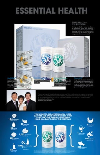 ESSENTIAL HEALTH
YOU’D HAVE TO EAT APPROXIMATELY 22,000
CALORIES AND SPEND MORE THAN $33 A DAY
TO GET THE SAME AMOUNT OF NUTRIENTS
FOUND IN A DAILY DOSE OF THE ESSENTIALS.18.5 medium oranges
Vitamin C (1300 mg)
20 large eggs
Vitamin D (800 IU)
80medium bananas
B6 (32 mg)
88 mL olive oil
Olivol™
(30 mg)
1,017 mL cooked spinach
Folate (1000 mcg)
5chicken breasts
Zinc (20 mg)
1serving of yogurt
Calcium (270 mg)
591mL black beans
Magnesium (300 mg)
255g of baked cod
Iodine (300 mcg)
1,040
1
202g cooked clams
B12 (200 mcg)
Vitamin E (400 IU)
g bag sunflower seeds and
L corn oil
{{The information provided herein is intended for educational and personal use only. Information on nutrients
was assembled using the best available information, but should not be considered universally applicable as
nutritional content of food can vary by manufacturer, region, brand, lot, and preparation method.
Source: Office of Dietary Supplements. National Institutes of Health. 2012. http://ods.od.nih.gov/
“We grew up being told ‘an apple a day keeps the doctor away.’ With so little nutrients left in apples, they can go bad
themselves. The USANA® Essentials™ and HealthPak™ daily supplements have given our family new life against
all the stress and pollution we live in. We are truly blessed to take and recommend such a wonderful product!”
Vincent, Mable, and Adrian Chan
Vancouver, British Columbia
Essentials™
Mega Antioxidant and MultiMineral
Plus comprise the USANA Essentials
for adults. This duo delivers a broad
range of vitamins, minerals, and
antioxidants to support the health of
your entire body from the cell up.
HealthPak™
Provides a full daily dose of the USANA®
Essentials (Mega Antioxidant and Multi-
Mineral Plus), as well as Active Calcium
Plus™
bone health formula and USANA’s
unique AO Booster™
antioxidant supple-
ment for added antioxidant protection.
MultiMineral Plus
Supplies essential minerals
that play many important roles
in the body.
Mega Antioxidant
Provides essential vitamins that
support virtually every body sys-
tem and supplies a wide range
of antioxidants to fight cell-dam-
aging oxidative stress.
TRUE HEALTH­—
IT’S ESSENTIAL
Helping you build a strong foundation
for exceptional health, the Essentials™
provide a comprehensive spectrum of the
necessary vitamins and minerals adults
need every day for optimal health and
energy levels. Potency guaranteed!
 