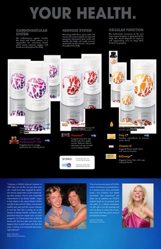 YOUR HEALTH.
CARDIOVASCULAR
SYSTEM
The cardiovascular system includes
the heart and blood vessels. It is
responsible for circulating blood,
which carries nutrients, oxygen, and
blood cells throughout the body.
Supports long-term eye
health and visual perfor-
mance. Reduces risks of
cataracts and age-related
macular degeneration.
Supports acute memory and
cognition and circulation.
Supports circulation,
immune function, and
skin health.
Supports cellular energy
production for a healthy heart.
Visionex™
Ginkgo-PS™
Proflavanol®
C100
CoQuinone™
30
CoQuinone™
100
NERVOUS SYSTEM
Consisting of the brain, spinal cord, and
nerves, the nervous system collects and
processes information from inside and
outside the body and sends relevant
commands to the muscles and glands
throughout the body.
Products that offer
antioxidant activity
Products that use
Hybrid Technology
Provides essential fatty acids to
maintain good health.
Supports bones, teeth, heart,
and immune function.
Provides antioxidants to maintain
overall health.
BiOmega™
Optomega®
Vitamin D
Poly C®
CELLULAR FUNCTION
The fundamental molecules of life, cells
have unique functions in every part of the
body. Our health depends on repairing
and regenerating cells to keep them
functioning properly.
Supports heart, brain, skin, eye,
and joint health.
“I became a USANA Preferred Customer in
1998 when our son Ben was just three years
old. I could never have imagined the adven-
ture that lay ahead when we first started tak-
ing these products. Due to some remarkable
improvements in my family’s health, I began
to look closely at the science behind USANA
and fell in love with Dr. Wentz. Fast forward
another nine years and this science continues
to wow me. Now Ben is joining me on this
mission of sharing USANA worldwide. Ben’s
generation brings new insight and a very fresh
perspective. Dr. Wentz knows how to feed the
human cell. And story after story shows what
happens when we feed human cells what they
need. I continue to be enchanted and increas-
ingly impressed.”
Karen Shumka
Delta, British Columbia
“One of my favourite aspects of USANA
is their commitment to personalization.
As a business owner, mom, and health
junkie, I love USANA’s True Health
Assessment. This phenomenal tool
allows me to customize my USANA
program based on my personal needs
and goals. As a clinical nutritionist,
I’m also able to use this amazing tool
with my clients to ensure they are get-
ting exactly what they need in terms of
personalized nutrition.”
Leanne Grechulk
Burlington, Ontario
 