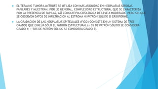  EL TÉRMINO TUMOR LIMÍTROFE SE UTILIZA CON MÁS ASIDUIDAD EN NEOPLASIAS SEROSAS
PAPILARES Y MUESTRAN, POR LO GENERAL, COMPLEJIDAD ESTRUCTURAL QUE SE CARACTERIZA
POR LA PRESENCIA DE PAPILAS, ASÍ COMO ATIPIA CITOLÓGICA DE LEVE A MODERADA, PERO SIN QUE
SE OBSERVEN DATOS DE INFILTRACIÓN AL ESTROMA NI PATRÓN SÓLIDO O CRIBIFORME.
 LA GRADACIÓN DE LAS NEOPLASIAS EPITELIALES (FIGO) CONSISTE EN UN SISTEMA DE TRES
GRADOS QUE EVALÚA SÓLO EL PATRÓN ESTRUCTURAL (< 5% DE PATRÓN SÓLIDO SE CONSIDERA
GRADO 1; > 50% DE PATRÓN SÓLIDO SE CONSIDERA GRADO 3).
 