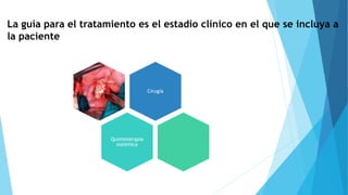 Cirugía
Quimioterapia
sistémica
La guía para el tratamiento es el estadio clínico en el que se incluya a
la paciente
 