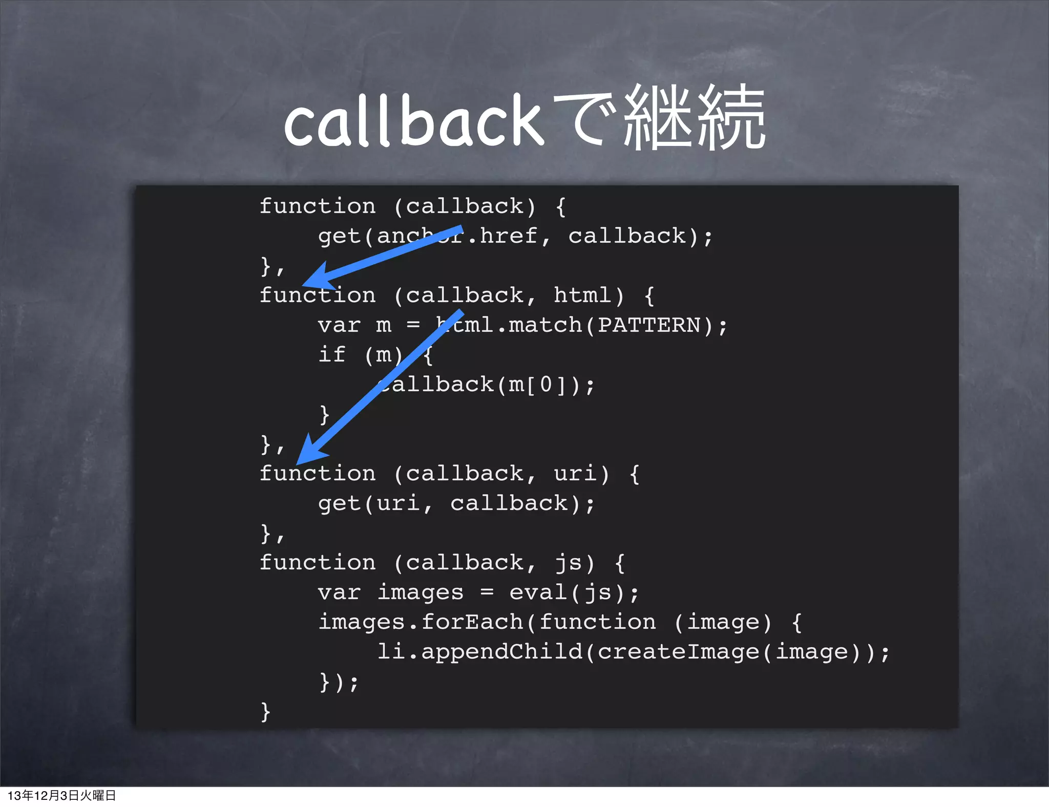 callbackで継続
function (callback) {
get(anchor.href, callback);
},
function (callback, html) {
var m = html.match(PATTERN);
if (m) {
callback(m[0]);
}
},
function (callback, uri) {
get(uri, callback);
},
function (callback, js) {
var images = eval(js);
images.forEach(function (image) {
li.appendChild(createImage(image));
});
}

13年12月3日火曜日

 