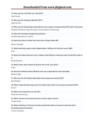 Downloaded From www.jbigdeal.com

12. Who won the 73rd PGA Tour Title 2012?
Tiger Woods

13. Who won the Catalunya MotoGP 2012?
Jorge Lorenzo

14. Who won the Copenhagen International sand sculpture championship 2012 held in Denmark?
Sudarsan Patnaik for “Save the Ocean” sand sculpture of 20-feet high

15. Name the Australia’s largest beef producer.
Australia Agriculture Co. (AAco)

16. Name the Indian cricketer who took oath as Rajya Sabha MP.

Sachin Tendulkar

17. Which electronic giant’s stock dipped below 1,000 yen for first time since 1980?
Sony

18. Name the oldest American men’s clothier chain Reliance inked pact with to hold 49% stake in
it.
Brooks Brothers

19. Which Asian stock market hit 28-year low on 4th June 2012?
Tokyo

20. Name the Pakistan Interior Minister who was suspended for dual nationality.
Rehman Malik

21. Who won the 21st Sultan Azlan Shah Cup hockey tournament 2012?
New Zealand

22. Which medal did India bag at the 21st Sultan Azlan Shah Cup hockey tournament 2012?
Bronze

23. What is the importance of June 5th?
World Environment Day

24. Which shrubs are turning into trees as Arctic region warms?
Tundra shrubs

25. Music Academy in Chennai has been granted the status of research centre by which
Karnataka-based University?
Tumkur University
 