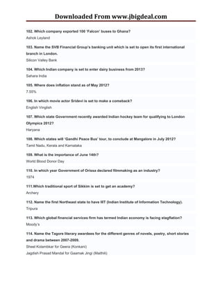 Downloaded From www.jbigdeal.com

102. Which company exported 100 ‘Falcon’ buses to Ghana?
Ashok Leyland

103. Name the SVB Financial Group’s banking unit which is set to open its first international
branch in London.
Silicon Valley Bank

104. Which Indian company is set to enter dairy business from 2013?
Sahara India

105. Where does inflation stand as of May 2012?
7.55%

106. In which movie actor Sridevi is set to make a comeback?
English Vinglish

107. Which state Government recently awarded Indian hockey team for qualifying to London
Olympics 2012?
Haryana

108. Which states will ‘Gandhi Peace Bus’ tour, to conclude at Mangalore in July 2012?
Tamil Nadu, Kerala and Karnataka

109. What is the importance of June 14th?
World Blood Donor Day

110. In which year Government of Orissa declared filmmaking as an industry?
1974

111.Which traditional sport of Sikkim is set to get an academy?
Archery

112. Name the first Northeast state to have IIIT (Indian Institute of Information Technology).
Tripura

113. Which global financial services firm has termed Indian economy is facing stagflation?
Moody’s

114. Name the Tagore literary awardees for the different genres of novels, poetry, short stories
and drama between 2007-2009.
Sheel Kolambkar for Geera (Konkani)
Jagdish Prasad Mandal for Gaamak Jingi (Maithili)
 