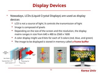 Korea Univ
Display Devices
• Nowadays, LCDs (Liquid Crystal Displays) are used as display
devices
 LCD is not a source of light; It controls the transmission of light
 Image is composed of pixels
 Depending on the size of the screen and the resolution, the display
matrix ranges in size from 640 x 480 to 2560 x 1600
 A color display might use 8 bits for each of 3 colors (red, blue, and green)
 The image to be displayed is stored in memory called a frame buffer
11
 