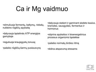 Ca ir Mg vaidmuo
•dalyvauja statant ir gaminant skeleto kaulus,
kremzles, sausgysles, fermentus ir
hormonus
•stiprina apykaitos ir bioenergetinius
procesus organizmo ląstelėse
•palaiko normalų širdies ritmą
•didina atsparumą stresams
•stimuliuoja fermentų, baltymų, riebalų,
nukleino rūgščių apykaitą
•dalyvauja ląstelinės ATP energijos
gamyboje
•reguliuoja kraujagyslių tonusą
•palaiko rūgščių-šarmų pusiausvyrą
 