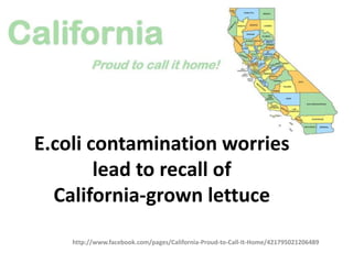 E.coli contamination worries
        lead to recall of
  California-grown lettuce
    http://www.facebook.com/pages/California-Proud-to-Call-It-Home/421795021206489
 