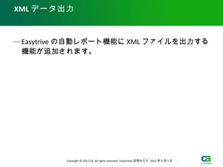 XML データ出力


— Easytrive の自動レポート機能に XML ファイルを出力する
  機能が追加されます。




         Copyright © 2012 CA. All rights reserved. Easytrieve 活用セミナ 2012 年 6 月 5 日　 .
 