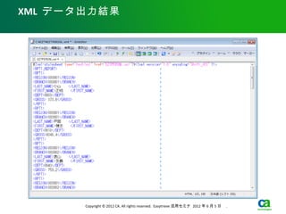 XML データ出力結果




       Copyright © 2012 CA. All rights reserved. Easytrieve 活用セミナ 2012 年 6 月 5 日　 .
 