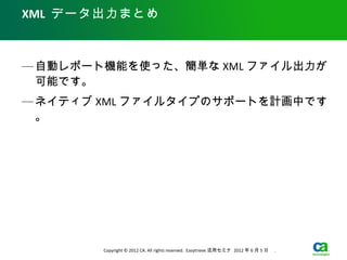 XML データ出力まとめ



— 自動レポート機能を使った、簡単な XML ファイル出力が
  可能です。
— ネイティブ XML ファイルタイプのサポートを計画中です
  。




        Copyright © 2012 CA. All rights reserved. Easytrieve 活用セミナ 2012 年 6 月 5 日　 .
 
