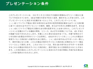 プレゼンテーション条件


このプレゼンテーションは、 2012 年 2 月 22 日時点での最新の情報およびリソース配分に基
づいて作成されています。 CA は本書の内容を予告なく変更、撤回することがあります。この
プレゼンテーションに相反する記載があったとしても、このプレゼンテーションは、
（ i ） CA ソフトウェア製品に関する既存または将来の使用許諾契約書またはサービス契約書
に基づく CA またはそのライセンシーの権利、義務、またはその双方に影響を及ぼす、または
（ ii ） CA ソフトウェア製品の文書または仕様を変更することはありません。このプレゼンテ
ーションに記載されている機能の開発、リリース、およびその時期については、 CA が自己
の裁量で決定できるものとします。本書にこれと異なる記述があっても、本書で参照されて
いる任意の CA 製品の将来のリリース出荷時に、 CA はそのリリースを（ i ）これらの製品の
新規ライセンス契約者への販売のために提供し、（ ii ） CA の保守およびサポートの一環とし
て、提供可能になり次第、これらの製品の既存のライセンス契約者に定期的なメジャー製品
リリースとして提供します。 このようなリリースは、現在 CA の保守およびサポートを利用
するこれらの製品の現在のライセンス契約者に、提供可能になり次第提供されることがあり
ます。この項の規定とこのプレゼンテーションに含まれるその他の情報に矛盾がある場合は
、この項が適用されるものとします。




            Copyright © 2012 CA. All rights reserved. Easytrieve 活用セミナ 2012 年 6 月 5 日　 .
 