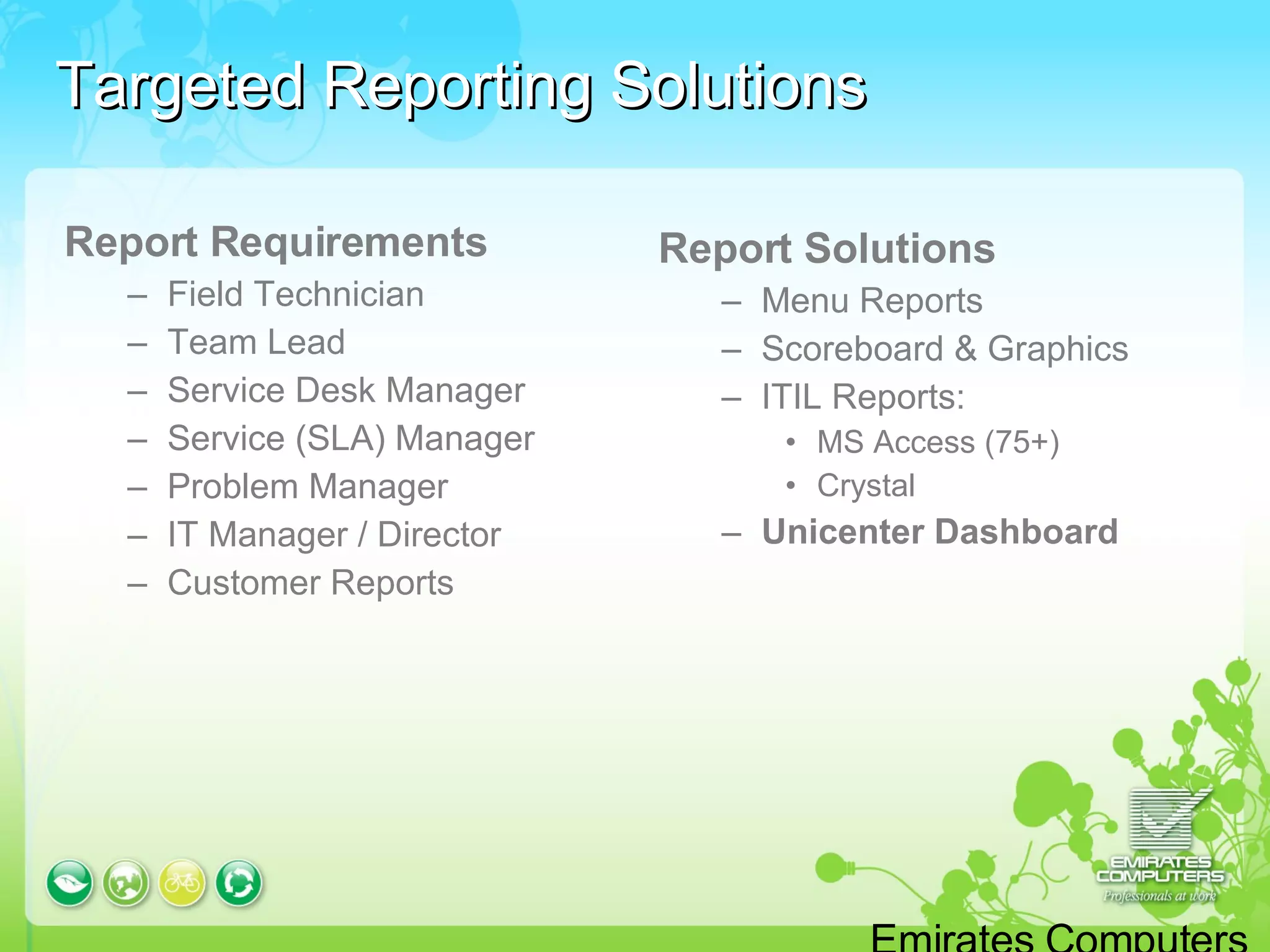 Targeted Reporting Solutions Report Requirements Field Technician Team Lead Service Desk Manager Service (SLA) Manager Problem Manager IT Manager / Director Customer Reports Emirates Computers – Confidential © Copyrights Emirates Computers  2005 Report Solutions Menu Reports Scoreboard & Graphics ITIL Reports: MS Access (75+) Crystal Unicenter Dashboard 