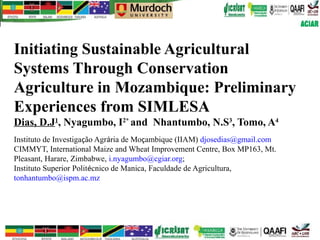 Initiating Sustainable Agricultural
Systems Through Conservation
Agriculture in Mozambique: Preliminary
Experiences from SIMLESA
Dias, D.J1, Nyagumbo, I2* and Nhantumbo, N.S3, Tomo, A4
Instituto de Investigação Agrária de Moçambique (IIAM) djosedias@gmail.com
CIMMYT, International Maize and Wheat Improvement Centre, Box MP163, Mt.
Pleasant, Harare, Zimbabwe, i.nyagumbo@cgiar.org;
Instituto Superior Politécnico de Manica, Faculdade de Agricultura,
tonhantumbo@ispm.ac.mz
 