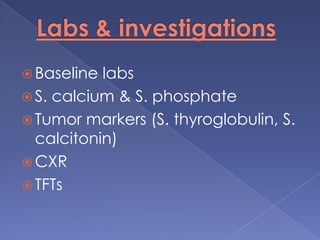 Thyroid physiology5 steps of thyroid hormone formationIodide absorption in gutPeroxidation of iodideBinding with tyrosineFormation of MIT & DITCoupling and formation of T3 & T4Negative feed back mechanismFrequency17,000 cases diagnosed annually.Women 3 times more than men.Peak incidence 30-40s.Papillary 80%, follicular 10%, medullary 5-10%, anaplastic 1-2%.