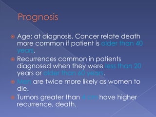 MAICS Scoring  MAICS Scoring  Developed by the Mayo Clinic for staging  It is known to be the most accurate predictor of a patient's outcome  patient's outcome with papillary thyroid cancer(M = Metastasis, A = Age, I  = Invasion, C = Completeness of  (M = Metastasis, A = Age, I  = Invasion, C = Completeness of Resection, S = Size) Resection, S = Size)MAICS Score MAICS Score 20 year Survival 20 year Survival<6  <6  =  =  99% 99%6 6- -7  7  =  =  89%  89% 7 7- -8  8  = = 56%  56% >8   >8   =  =  24% 24%P