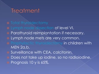 Follicular CarcinomaPathology: round, encapsulated, cystic changes, fibrosis, hemorrhages. Microscopically, neoplastic follicular cells.Differentiated from follicular adenomas by the presence of capsule invasion, vascular invasion.Cannot reliably diagnose basedon FNA.