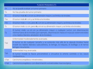 TUMOR PRIMARIO (T)
TX No se puede evaluar un tumor primario
T0 No hay prueba de tumor primario
T1 El tumor mide ≤ 2 cm en su dimensión mayor y se limita a la tiroides
T1a El tumor mide ≤ 1 cm y se limita a la tiroides
T1b El tumor mide > 1 cm, pero ≤ 2 cm en su dimensión mayor y se limita a la tiroides
T2 El tumor mide >2 cm, pero ≤4 cm en su dimensión mayor y se limita a la tiroides.
T3
El tumor mide >4 cm en su dimensión mayor o cualquier tumor con diseminación
mínima fuera de la tiroides (por ejemplo, diseminación hasta el músculo esternotiroideo
o los tejidos blandos alrededor de la tiroidea).
T4a
Enfermedad moderadamente avanzada.
El tumor es de cualquier tamaño y se extiende más allá de la cápsula tiroidea hasta
invadir los tejidos blandos subcutáneos, la laringe, la tráquea, el esófago o el nervio
laríngeo recurrente.
T4b
Enfermedad muy avanzada.
El tumor invade la fascia prevertebral o envuelve la arteria carótida o los vasos
mediastínicos.
cT4a Carcinoma anaplásico intratiroideo.
cT4b Carcinoma anaplásico con diseminación extratiroidea macroscópica.
 