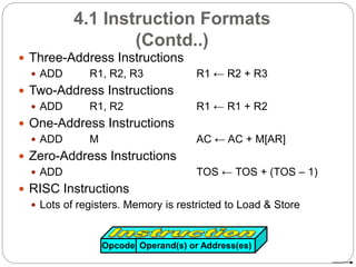 4.1 Instruction Formats
(Contd..)
 Three-Address Instructions
 ADD R1, R2, R3 R1 ← R2 + R3
 Two-Address Instructions
 ADD R1, R2 R1 ← R1 + R2
 One-Address Instructions
 ADD M AC ← AC + M[AR]
 Zero-Address Instructions
 ADD TOS ← TOS + (TOS – 1)
 RISC Instructions
 Lots of registers. Memory is restricted to Load & Store
Opcode Operand(s) or Address(es)
 