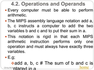 4.2. Operations and Operands
CA by M.Senthil Kumar home
 Every computer must be able to perform
arithmetic.
 The MIPS assembly language notation add a,
b, c instructs a computer to add the two
variables b and c and to put their sum in a.
 This notation is rigid in that each MIPS
arithmetic instruction performs only one
operation and must always have exactly three
variables.
 E.g;
add a, b, c # The sum of b and c is
 