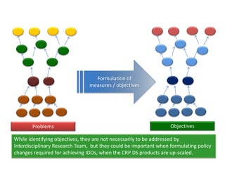 Formulation of
measures / objectives
While identifying objectives, they are not necessarily to be addressed by
Interdisciplinary Research Team, but they could be important when formulating policy
changes required for achieving IDOs, when the CRP DS products are up-scaled.
Problems Objectives
 