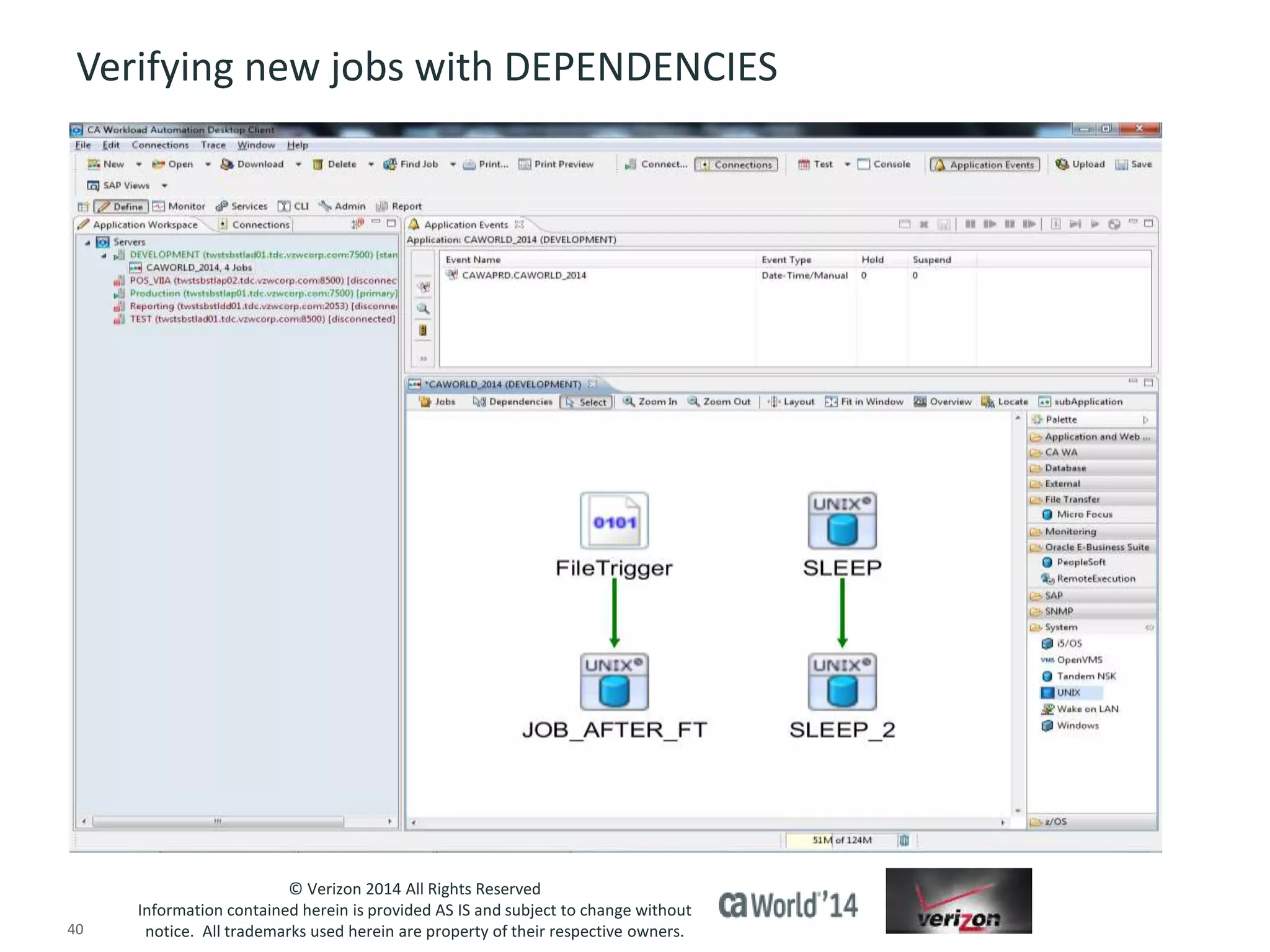 Verifying new jobs with DEPENDENCIES 
© Verizon 2014 All Rights Reserved 
Information contained herein is provided AS IS and subject to change without 
notice. All trademarks used herein are property of their respective owners. 
40 © 2014 CA. ALL RIGHTS RESERVED. 
 