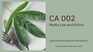 CA 002
Media Law and Ethics
กฎหมายร้านอาหารกัญชาและการนําไปสือสาร
วริษา รุ่งวัฒนภักดิ 1600204505 ca002
 