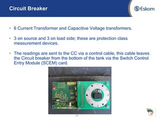 Circuit Breaker
• 6 Current Transformer and Capacitive Voltage transformers.
• 3 on source and 3 on load side; these are protection class
measurement devices.
• The readings are sent to the CC via a control cable, this cable leaves
the Circuit breaker from the bottom of the tank via the Switch Control
Entry Module (SCEM) card.
28
 