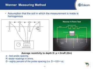 Wenner Measuring Method
• Assumption that the soil in which the measurement is made is
homogenous
43
Average resistivity to depth D: ρ = 2πaR (Ωm)
a - test probe spacing.
R -tester readings in ohms.
D - eighty percent of the probe spacing (i.e. D = 0,8 × a).
 