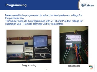 65
Programming
TransducerProgramming
Meters need to be programmed to set up the load profile and ratings for
the particular site.
Transducer needs to be programmed with V, I Q and P output ratings for
substation use – Remote Terminal Unit for Telecontrol.
 