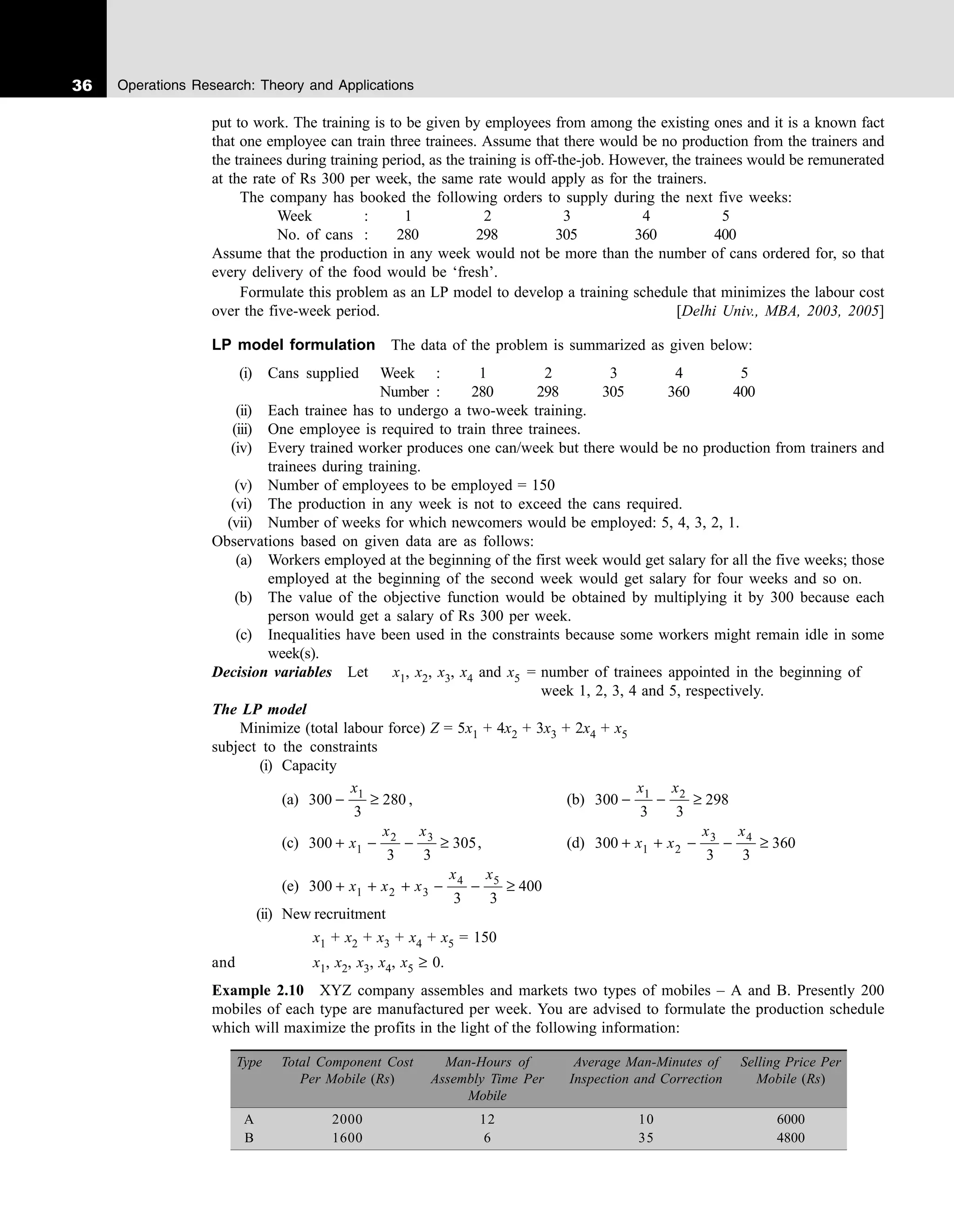 36 Operations Research: Theory and Applications
put to work. The training is to be given by employees from among the existing ones and it is a known fact
that one employee can train three trainees. Assume that there would be no production from the trainers and
the trainees during training period, as the training is off-the-job. However, the trainees would be remunerated
at the rate of Rs 300 per week, the same rate would apply as for the trainers.
The company has booked the following orders to supply during the next five weeks:
Week : 1 2 3 4 5
No. of cans : 280 298 305 360 400
Assume that the production in any week would not be more than the number of cans ordered for, so that
every delivery of the food would be ‘fresh’.
Formulate this problem as an LP model to develop a training schedule that minimizes the labour cost
over the five-week period. [Delhi Univ., MBA, 2003, 2005]
LP model formulation The data of the problem is summarized as given below:
(i) Cans supplied Week : 1 2 3 4 5
Number : 280 298 305 360 400
(ii) Each trainee has to undergo a two-week training.
(iii) One employee is required to train three trainees.
(iv) Every trained worker produces one can/week but there would be no production from trainers and
trainees during training.
(v) Number of employees to be employed = 150
(vi) The production in any week is not to exceed the cans required.
(vii) Number of weeks for which newcomers would be employed: 5, 4, 3, 2, 1.
Observations based on given data are as follows:
(a) Workers employed at the beginning of the first week would get salary for all the five weeks; those
employed at the beginning of the second week would get salary for four weeks and so on.
(b) The value of the objective function would be obtained by multiplying it by 300 because each
person would get a salary of Rs 300 per week.
(c) Inequalities have been used in the constraints because some workers might remain idle in some
week(s).
Decision variables Let x1, x2, x3, x4 and x5 = number of trainees appointed in the beginning of
week 1, 2, 3, 4 and 5, respectively.
The LP model
Minimize (total labour force) Z = 5x1 + 4x2 + 3x3 + 2x4 + x5
subject to the constraints
(i) Capacity
(a) 300
3
280
1
− ≥
x
, (b) 300
3 3
298
1 2
− − ≥
x x
(c) 300
3 3
305
1
2 3
+ − − ≥
x
x x
, (d) 300
3 3
360
1 2
3 4
+ + − − ≥
x x
x x
(e) 300
3 3
400
1 2 3
4 5
+ + + − − ≥
x x x
x x
(ii) New recruitment
x1 + x2 + x3 + x4 + x5 = 150
and x1, x2, x3, x4, x5 ≥ 0.
Example 2.10 XYZ company assembles and markets two types of mobiles – A and B. Presently 200
mobiles of each type are manufactured per week. You are advised to formulate the production schedule
which will maximize the profits in the light of the following information:
Type Total Component Cost Man-Hours of Average Man-Minutes of Selling Price Per
Per Mobile (Rs) Assembly Time Per Inspection and Correction Mobile (Rs)
Mobile
A 2000 12 10 6000
B 1600 6 35 4800
 