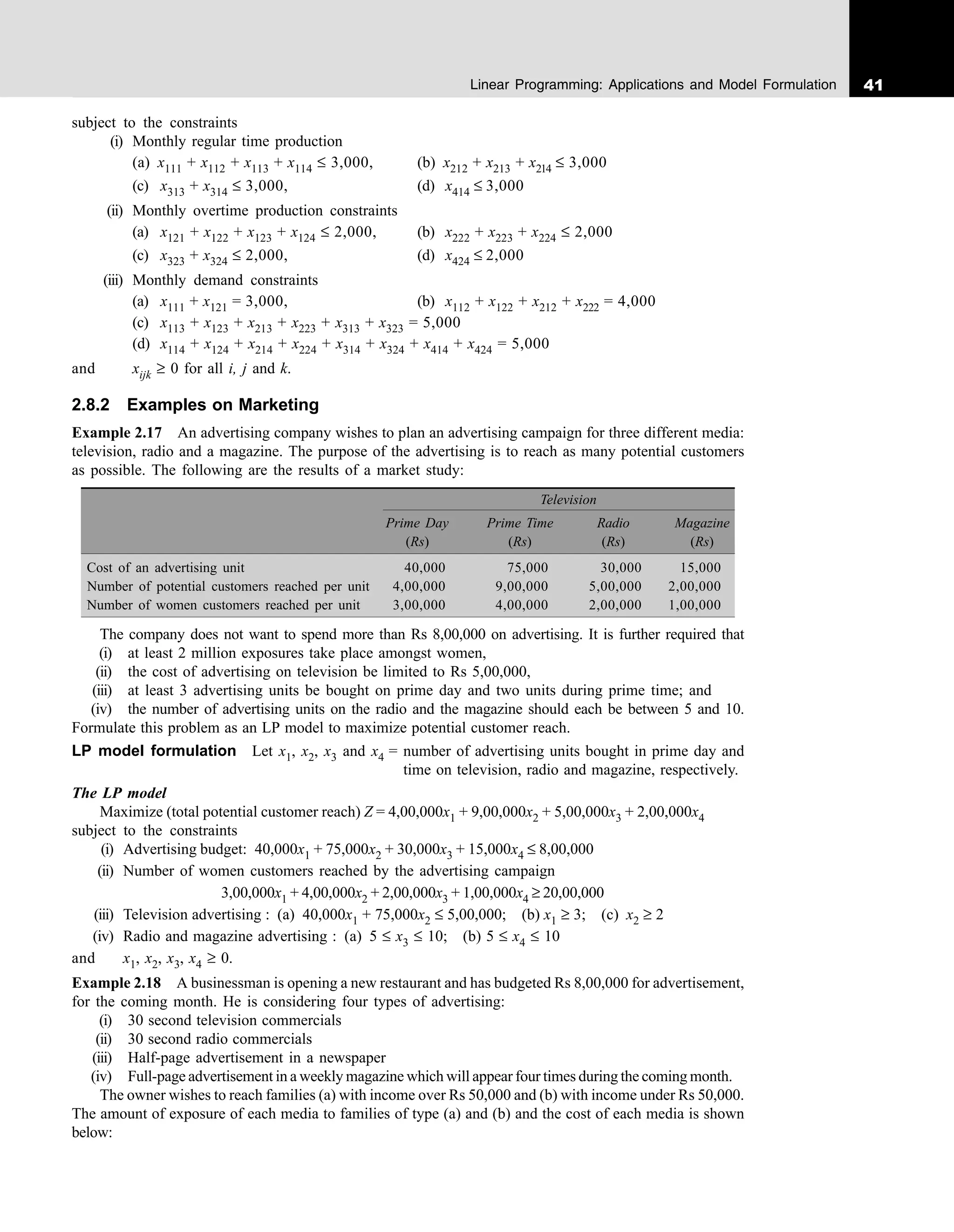 41
Linear Programming: Applications and Model Formulation
subject to the constraints
(i) Monthly regular time production
(a) x111 + x112 + x113 + x114 ≤ 3,000, (b) x212 + x213 + x214 ≤ 3,000
(c) x313 + x314 ≤ 3,000, (d) x414 ≤ 3,000
(ii) Monthly overtime production constraints
(a) x121 + x122 + x123 + x124 ≤ 2,000, (b) x222 + x223 + x224 ≤ 2,000
(c) x323 + x324 ≤ 2,000, (d) x424 ≤ 2,000
(iii) Monthly demand constraints
(a) x111 + x121 = 3,000, (b) x112 + x122 + x212 + x222 = 4,000
(c) x113 + x123 + x213 + x223 + x313 + x323 = 5,000
(d) x114 + x124 + x214 + x224 + x314 + x324 + x414 + x424 = 5,000
and xijk ≥ 0 for all i, j and k.
2.8.2 Examples on Marketing
Example 2.17 An advertising company wishes to plan an advertising campaign for three different media:
television, radio and a magazine. The purpose of the advertising is to reach as many potential customers
as possible. The following are the results of a market study:
Television
Prime Day Prime Time Radio Magazine
(Rs) (Rs) (Rs) (Rs)
Cost of an advertising unit 40,000 75,000 30,000 15,000
Number of potential customers reached per unit 4,00,000 9,00,000 5,00,000 2,00,000
Number of women customers reached per unit 3,00,000 4,00,000 2,00,000 1,00,000
The company does not want to spend more than Rs 8,00,000 on advertising. It is further required that
(i) at least 2 million exposures take place amongst women,
(ii) the cost of advertising on television be limited to Rs 5,00,000,
(iii) at least 3 advertising units be bought on prime day and two units during prime time; and
(iv) the number of advertising units on the radio and the magazine should each be between 5 and 10.
Formulate this problem as an LP model to maximize potential customer reach.
LP model formulation Let x1, x2, x3 and x4 = number of advertising units bought in prime day and
time on television, radio and magazine, respectively.
The LP model
Maximize (total potential customer reach) Z = 4,00,000x1 + 9,00,000x2 + 5,00,000x3 + 2,00,000x4
subject to the constraints
(i) Advertising budget: 40,000x1 + 75,000x2 + 30,000x3 + 15,000x4 ≤ 8,00,000
(ii) Number of women customers reached by the advertising campaign
3,00,000x1 + 4,00,000x2 + 2,00,000x3 + 1,00,000x4 ≥ 20,00,000
(iii) Television advertising : (a) 40,000x1 + 75,000x2 ≤ 5,00,000; (b) x1 ≥ 3; (c) x2 ≥ 2
(iv) Radio and magazine advertising : (a) 5 ≤ x3 ≤ 10; (b) 5 ≤ x4 ≤ 10
and x1, x2, x3, x4 ≥ 0.
Example 2.18 A businessman is opening a new restaurant and has budgeted Rs 8,00,000 for advertisement,
for the coming month. He is considering four types of advertising:
(i) 30 second television commercials
(ii) 30 second radio commercials
(iii) Half-page advertisement in a newspaper
(iv) Full-page advertisement in a weekly magazine which will appear four times during the coming month.
The owner wishes to reach families (a) with income over Rs 50,000 and (b) with income under Rs 50,000.
The amount of exposure of each media to families of type (a) and (b) and the cost of each media is shown
below:
 