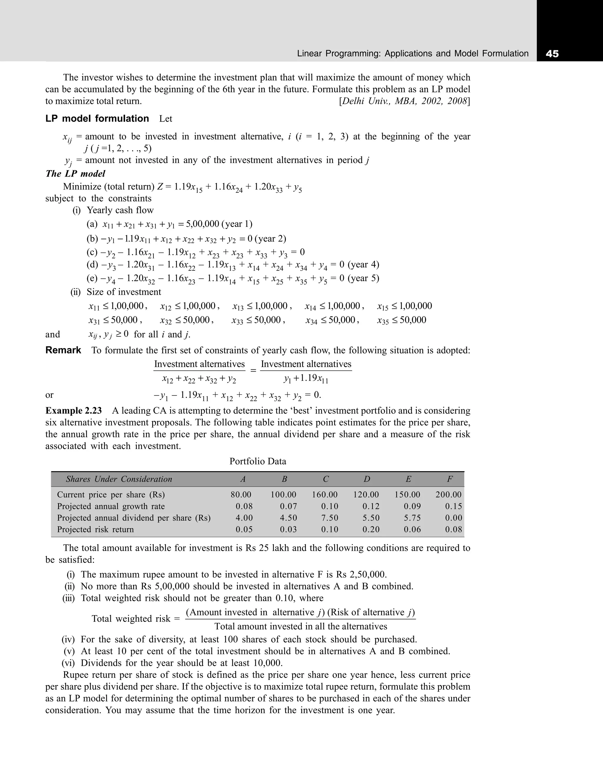 45
Linear Programming: Applications and Model Formulation
The investor wishes to determine the investment plan that will maximize the amount of money which
can be accumulated by the beginning of the 6th year in the future. Formulate this problem as an LP model
to maximize total return. [Delhi Univ., MBA, 2002, 2008]
LP model formulation Let
xij = amount to be invested in investment alternative, i (i = 1, 2, 3) at the beginning of the year
j ( j =1, 2, . . ., 5)
yj = amount not invested in any of the investment alternatives in period j
The LP model
Minimize (total return) Z = 1.19x15 + 1.16x24 + 1.20x33 + y5
subject to the constraints
i(i) Yearly cash flow
(a) x x x y
11 21 31 1 5 00 000
+ + + = , , (year 1)
(b) − − + + + + =
y x x x x y
1 11 12 22 32 2
119 0
. (year 2)
(c) – y2 – 1.16x21 – 1.19x12 + x23 + x23 + x33 + y3 = 0
(d) – y3 – 1.20x31 – 1.16x22 – 1.19x13 + x14 + x24 + x34 + y4 = 0 (year 4)
(e) – y4 – 1.20x32 – 1.16x23 – 1.19x14 + x15 + x25 + x35 + y5 = 0 (year 5)
(ii) Size of investment
x11 100 000
≤ , , , x12 100 000
≤ , , , x13 100 000
≤ , , , x14 100 000
≤ , , , x15 100 000
≤ , ,
x31 50 000
≤ , , x32 50 000
≤ , , x33 50 000
≤ , , x34 50 000
≤ , , x35 50 000
≤ ,
and x y
ij j
, ≥ 0 for all i and j.
Remark To formulate the first set of constraints of yearly cash flow, the following situation is adopted:
12 22 32 2 1 11
Investment alternatives Investment alternatives
1.19
=
+ + + +
x x x y y x
or – y1 – 1.19x11 + x12 + x22 + x32 + y2 = 0.
Example 2.23 A leading CA is attempting to determine the ‘best’ investment portfolio and is considering
six alternative investment proposals. The following table indicates point estimates for the price per share,
the annual growth rate in the price per share, the annual dividend per share and a measure of the risk
associated with each investment.
Portfolio Data
Shares Under Consideration A B C D E F
Current price per share (Rs) 80.00 100.00 160.00 120.00 150.00 200.00
Projected annual growth rate 0.08 0.07 0.10 0.12 0.09 0.15
Projected annual dividend per share (Rs) 4.00 4.50 7.50 5.50 5.75 0.00
Projected risk return 0.05 0.03 0.10 0.20 0.06 0.08
The total amount available for investment is Rs 25 lakh and the following conditions are required to
be satisfied:
(i) The maximum rupee amount to be invested in alternative F is Rs 2,50,000.
(ii) No more than Rs 5,00,000 should be invested in alternatives A and B combined.
(iii) Total weighted risk should not be greater than 0.10, where
Total weighted risk =
( ) )
Amount invested in alternative (Risk of alternative
Total amount invested in all the alternatives
j j
(iv) For the sake of diversity, at least 100 shares of each stock should be purchased.
(v) At least 10 per cent of the total investment should be in alternatives A and B combined.
(vi) Dividends for the year should be at least 10,000.
Rupee return per share of stock is defined as the price per share one year hence, less current price
per share plus dividend per share. If the objective is to maximize total rupee return, formulate this problem
as an LP model for determining the optimal number of shares to be purchased in each of the shares under
consideration. You may assume that the time horizon for the investment is one year.
 