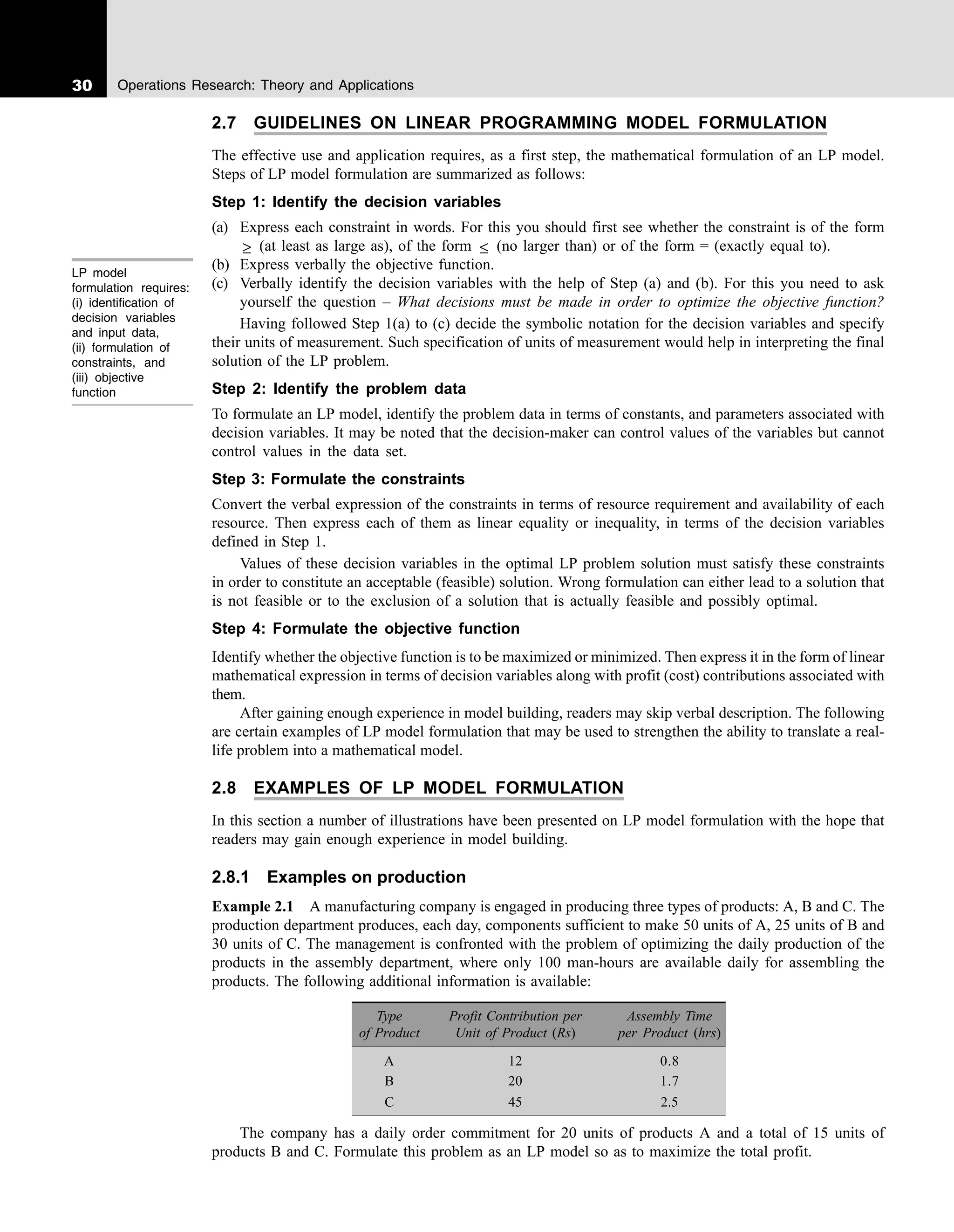 30 Operations Research: Theory and Applications
2.7 GUIDELINES ON LINEAR PROGRAMMING MODEL FORMULATION
The effective use and application requires, as a first step, the mathematical formulation of an LP model.
Steps of LP model formulation are summarized as follows:
Step 1: Identify the decision variables
(a) Express each constraint in words. For this you should first see whether the constraint is of the form
≥ (at least as large as), of the form ≤ (no larger than) or of the form = (exactly equal to).
(b) Express verbally the objective function.
(c) Verbally identify the decision variables with the help of Step (a) and (b). For this you need to ask
yourself the question – What decisions must be made in order to optimize the objective function?
Having followed Step 1(a) to (c) decide the symbolic notation for the decision variables and specify
their units of measurement. Such specification of units of measurement would help in interpreting the final
solution of the LP problem.
Step 2: Identify the problem data
To formulate an LP model, identify the problem data in terms of constants, and parameters associated with
decision variables. It may be noted that the decision-maker can control values of the variables but cannot
control values in the data set.
Step 3: Formulate the constraints
Convert the verbal expression of the constraints in terms of resource requirement and availability of each
resource. Then express each of them as linear equality or inequality, in terms of the decision variables
defined in Step 1.
Values of these decision variables in the optimal LP problem solution must satisfy these constraints
in order to constitute an acceptable (feasible) solution. Wrong formulation can either lead to a solution that
is not feasible or to the exclusion of a solution that is actually feasible and possibly optimal.
Step 4: Formulate the objective function
Identify whether the objective function is to be maximized or minimized. Then express it in the form of linear
mathematical expression in terms of decision variables along with profit (cost) contributions associated with
them.
After gaining enough experience in model building, readers may skip verbal description. The following
are certain examples of LP model formulation that may be used to strengthen the ability to translate a real-
life problem into a mathematical model.
2.8 EXAMPLES OF LP MODEL FORMULATION
In this section a number of illustrations have been presented on LP model formulation with the hope that
readers may gain enough experience in model building.
2.8.1 Examples on production
Example 2.1 A manufacturing company is engaged in producing three types of products: A, B and C. The
production department produces, each day, components sufficient to make 50 units of A, 25 units of B and
30 units of C. The management is confronted with the problem of optimizing the daily production of the
products in the assembly department, where only 100 man-hours are available daily for assembling the
products. The following additional information is available:
Type Profit Contribution per Assembly Time
of Product Unit of Product (Rs) per Product (hrs)
A 12 0.8
B 20 1.7
C 45 2.5
The company has a daily order commitment for 20 units of products A and a total of 15 units of
products B and C. Formulate this problem as an LP model so as to maximize the total profit.
LP model
formulation requires:
(i) identification of
decision variables
and input data,
(ii) formulation of
constraints, and
(iii) objective
function
 