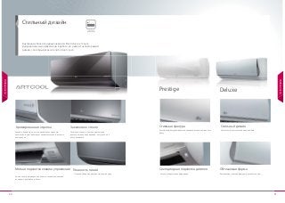 20 21
Сохраняет глянец и блеск на протяжении
длительного периода времени, не тускнея и не
обесцвечиваясь.
Элегантная светодиодная подсветка клавиш управления
на корпусе внутреннего блока.
Плавные обводы корпуса внутреннего блока.
Тонкий и изящный, но в то же время очень прочный
элемент, который гарантирует повышенную долговечность
конструкции.
Закаленное стекло
Мягкая подсветка клавиш управления Плавность линий
Хромированная отделка
Особенности
Особенности
Стильный дизайн
Стильный
внешний вид
Внутренние блоки кондиционеров LG Electronics не только
функциональны и эффективны в работе, но и имеют неповторимый
дизайн, способный украсить любой интерьер.асить любой интерьер.
Светодиодная подсветка дисплея
Стильная фактура Стильный дизайн
Обтекаемая форма
Рельефная фактура выдвижной передней панели внутреннего
блока.
Элегантный, классический внешний вид.
Комбинация стильной фактуры и плавных линий.
Prestige Deluxe
Четкое отображение информации.
 