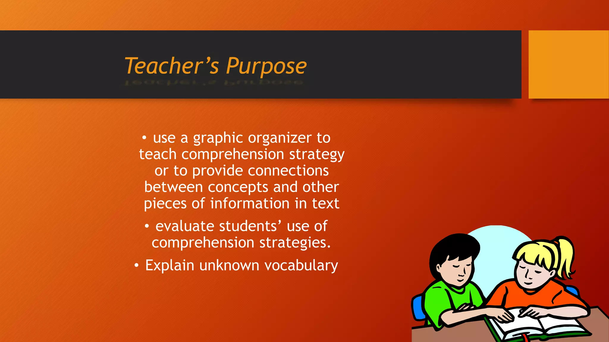 Teacher’s Purpose
• use a graphic organizer to
teach comprehension strategy
or to provide connections
between concepts and other
pieces of information in text
• evaluate students’ use of
comprehension strategies.
• Explain unknown vocabulary
 