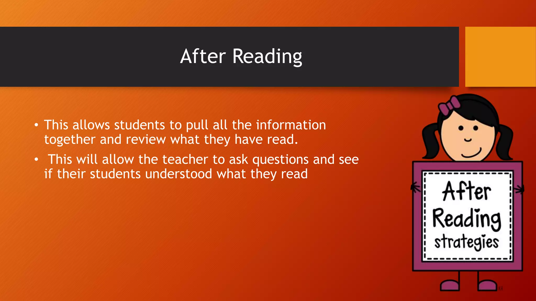 After Reading
• This allows students to pull all the information
together and review what they have read.
• This will allow the teacher to ask questions and see
if their students understood what they read
 