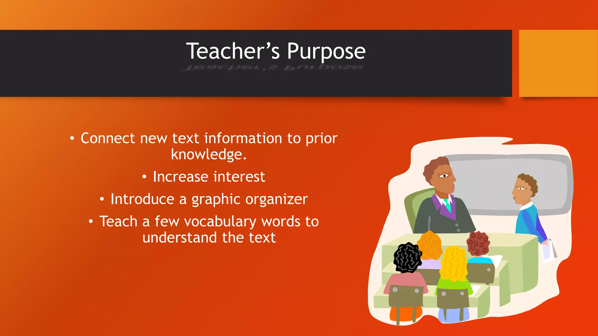 Teacher’s Purpose
• Connect new text information to prior
knowledge.
• Increase interest
• Introduce a graphic organizer
• Teach a few vocabulary words to
understand the text
 