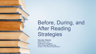 Before, During, and
After Reading
Strategies
Nicole Martz
RED 4348: CA1
Professor Kinggard
With examples featuring:
Crash: The Great Depression
 